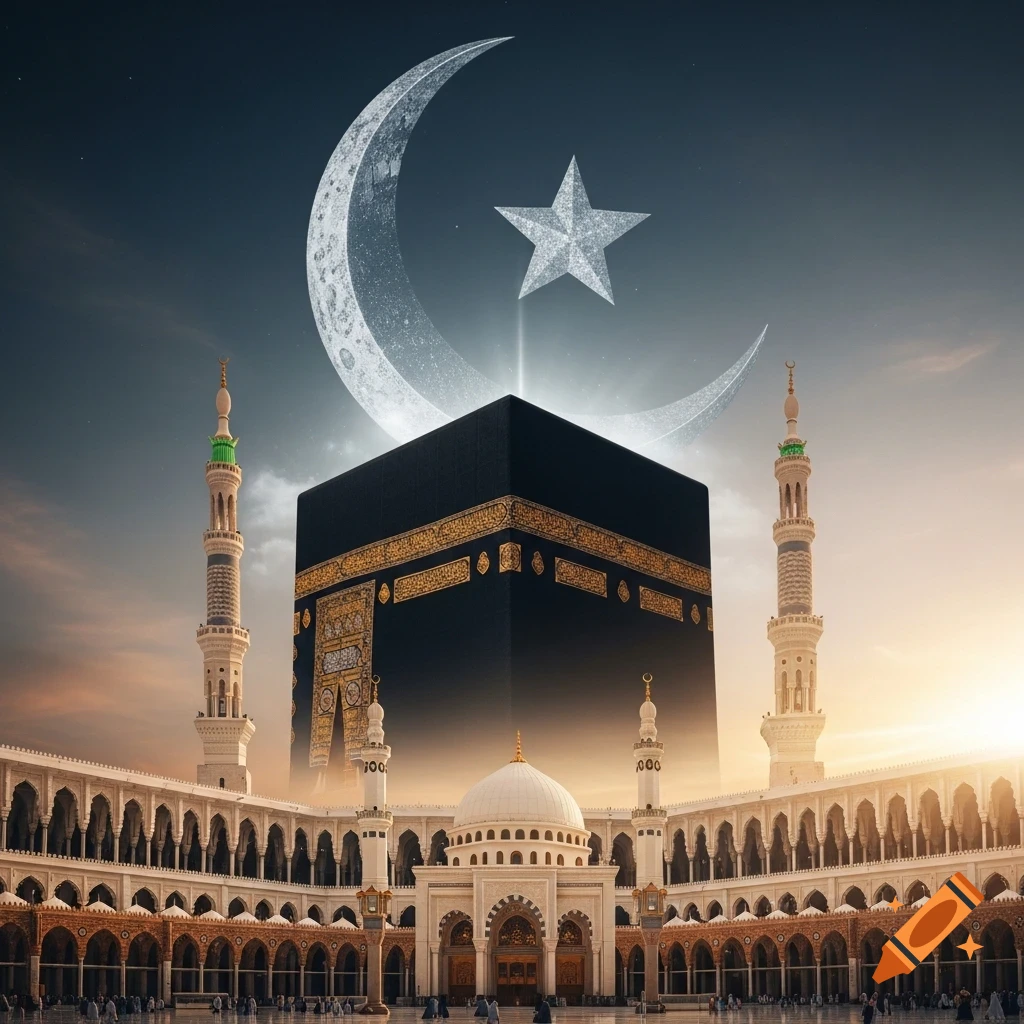 The Kaaba, surrounded by mosque architecture and minarets, under a sparkling crescent moon and star in the sky.