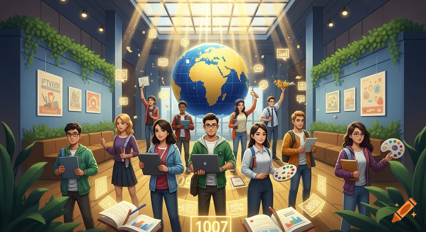 Illustration of diverse college students with laptops, books, and art supplies gathered around a large glowing globe in a modern building with vine-covered walls.