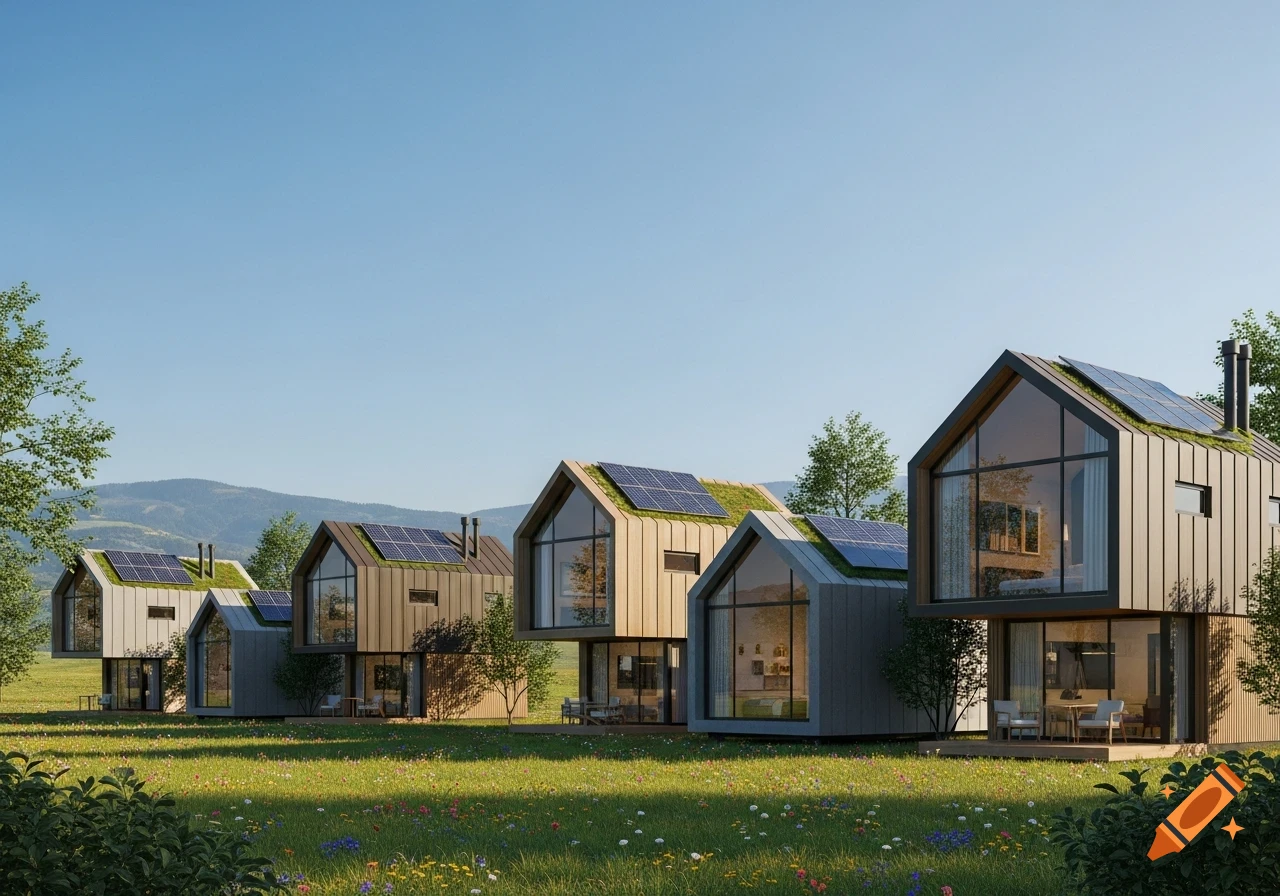 Row of modern modular homes with green roofs and solar panels in a field with wildflowers and mountains under a clear sky.