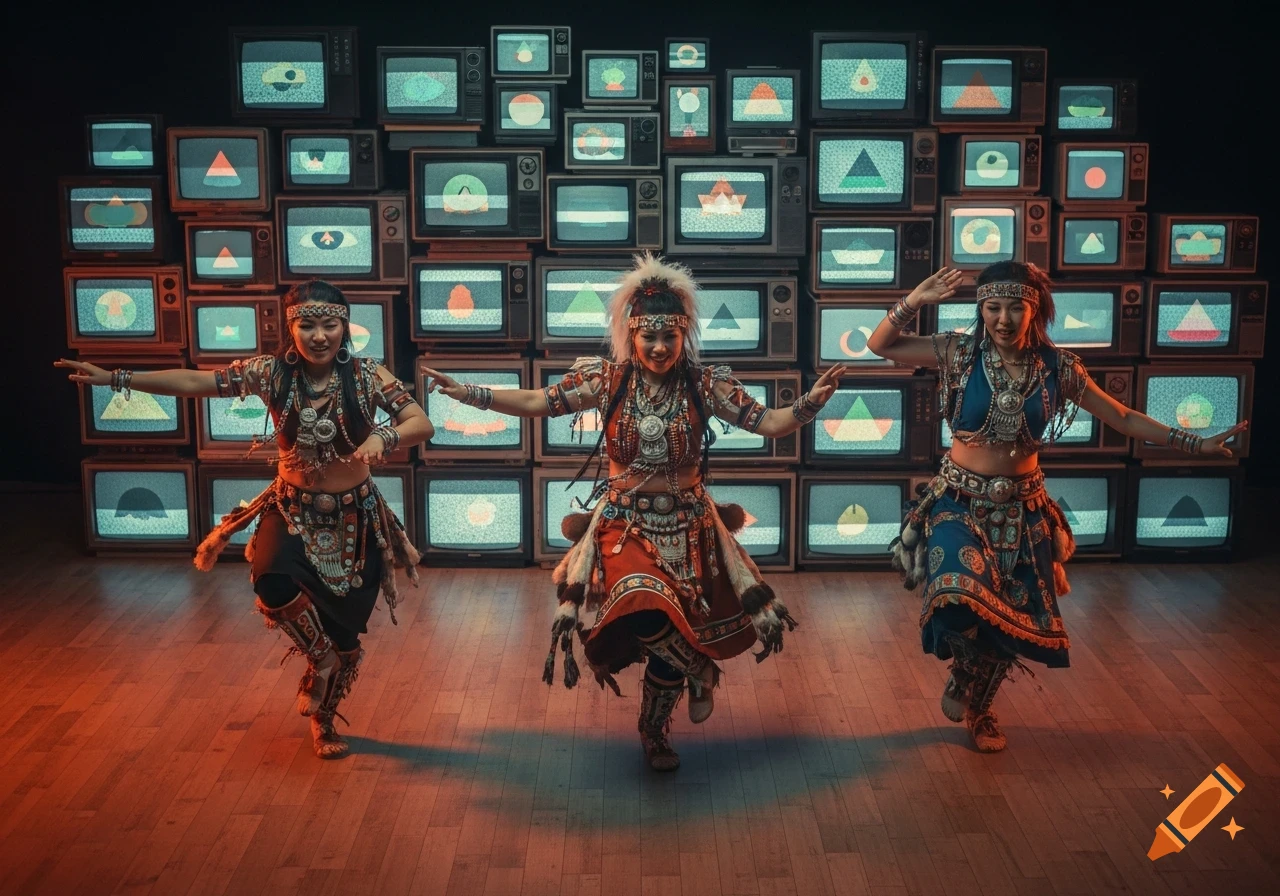 Three women in intricate tribal-futuristic costumes dance before a wall of static-filled vintage televisions.