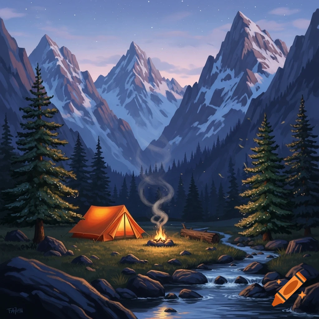 An orange tent and campfire by a river in a mountain valley at dusk, surrounded by pine trees and snowy peaks, in a painterly style.