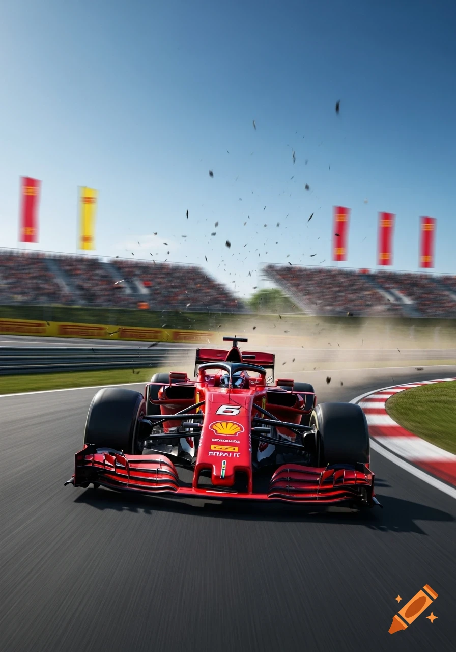 A red Ferrari Formula 1 race car with number 6 speeds along a track, with debris flying and blurred grandstands in the background.