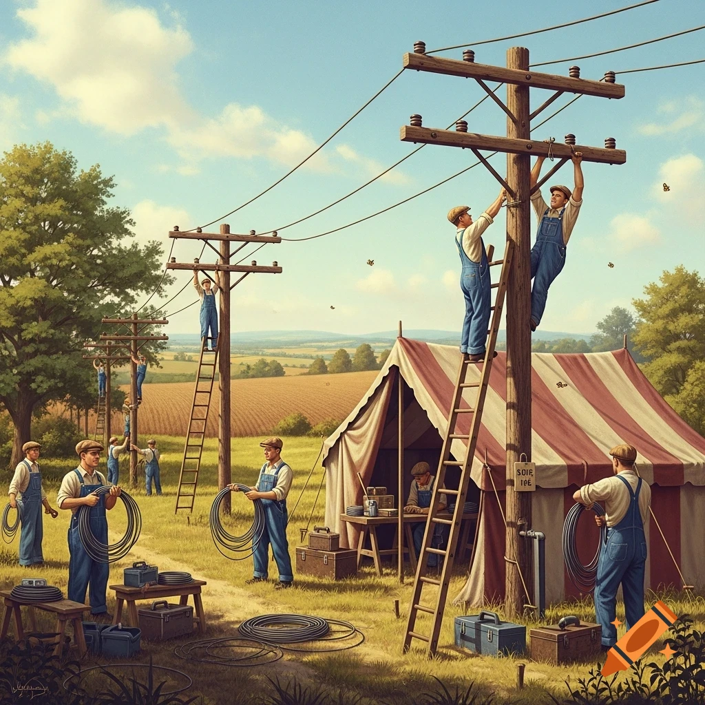 Illustrative scene of men in overalls installing telephone lines and working around a striped tent in a sunny, rural field.