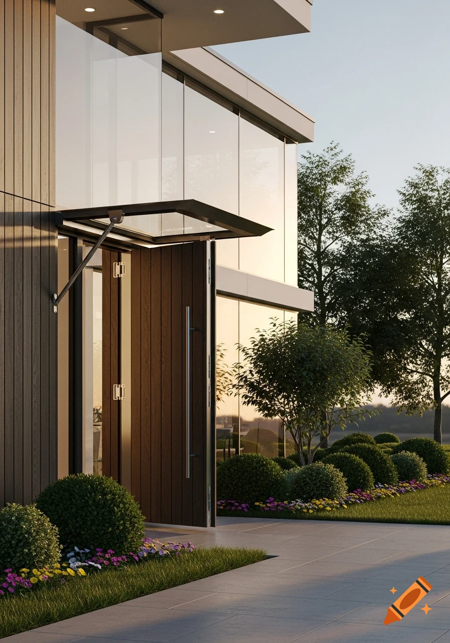 Photorealistic view of a modern house entrance with a unique dark wooden door, glass canopy, and lush landscaping.