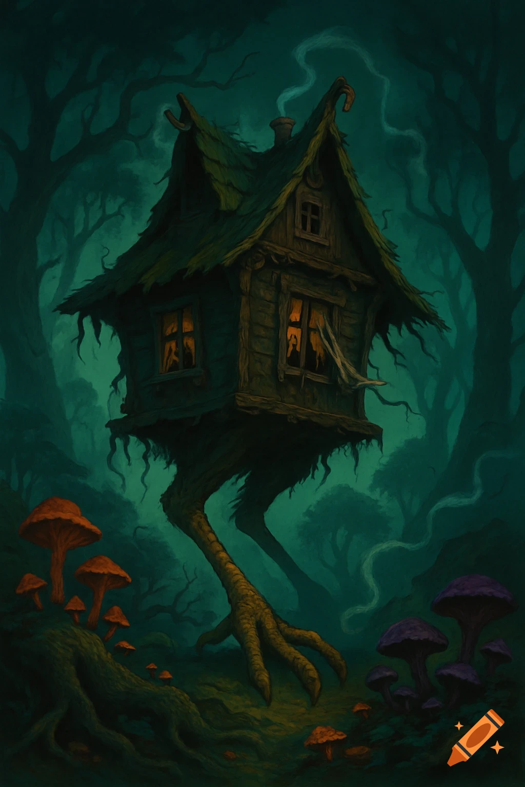 A dark fantasy illustration of Baba Yaga's wooden house on chicken legs, surrounded by glowing mushrooms in a mystical forest.