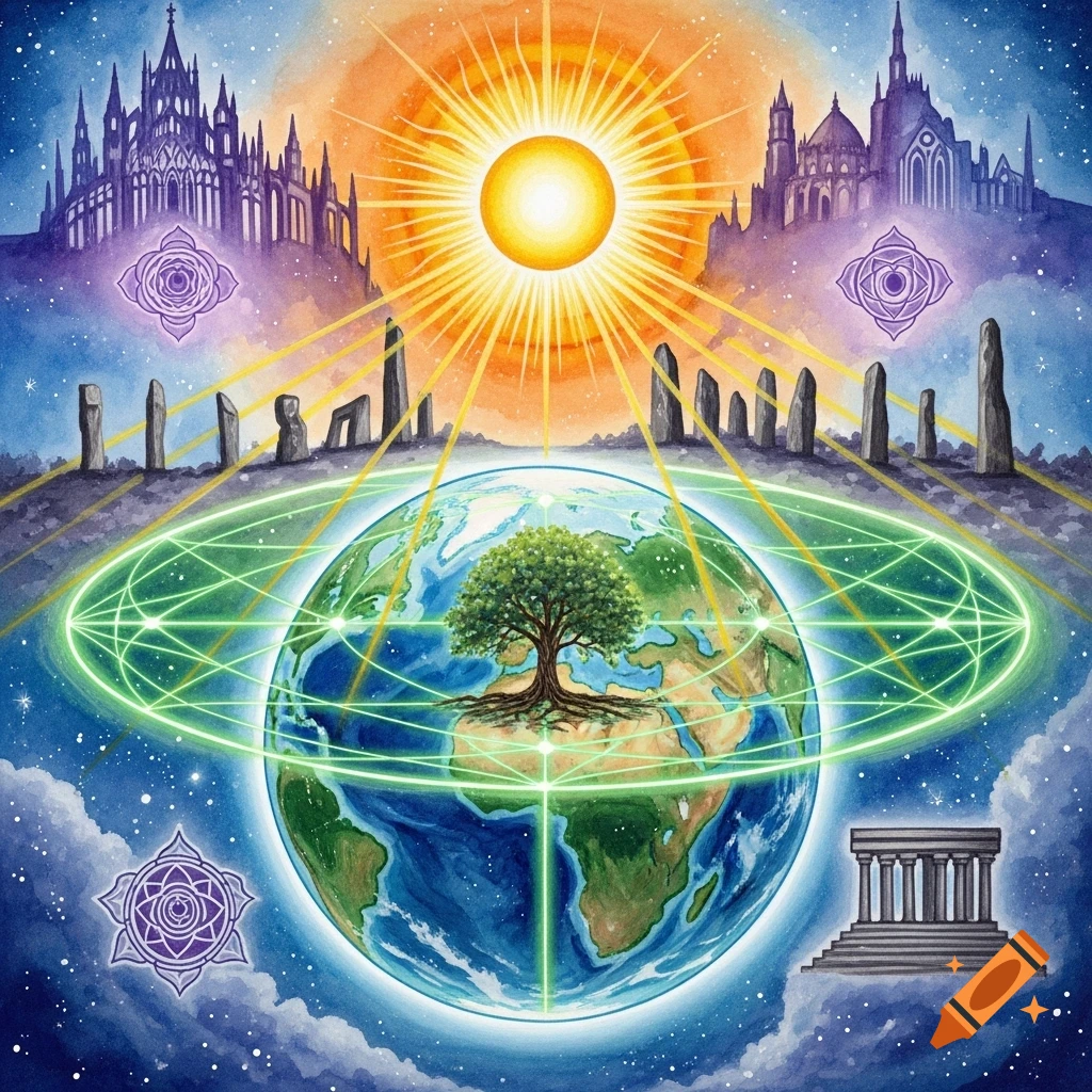 Watercolor art of Earth with a tree, glowing green grid, sun, Gothic cathedrals, menhirs, and chakra symbols.