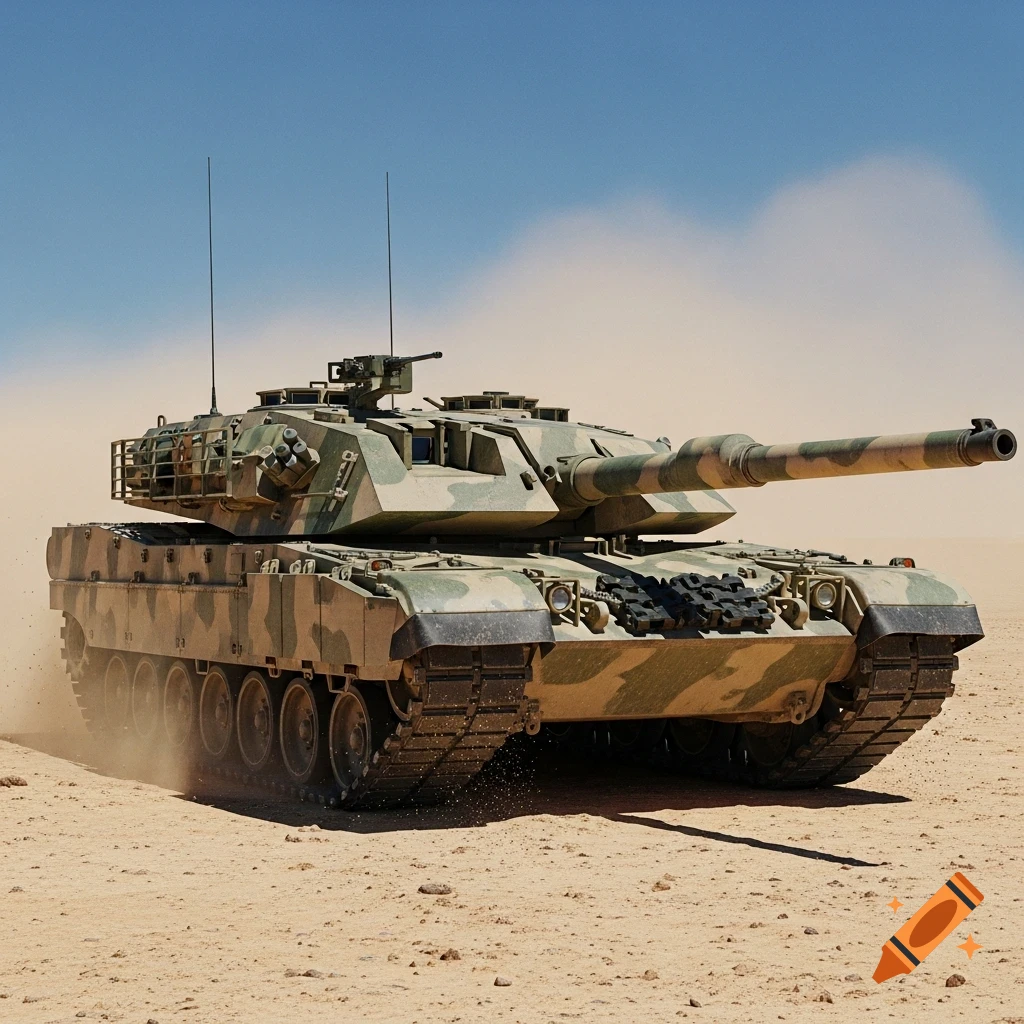 A photorealistic military tank in desert camouflage drives through a dusty desert under a blue sky.