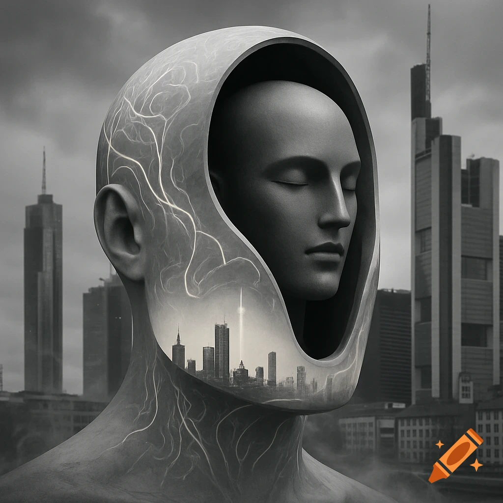 Surreal black and white image of a human-like head, with a modern city ...