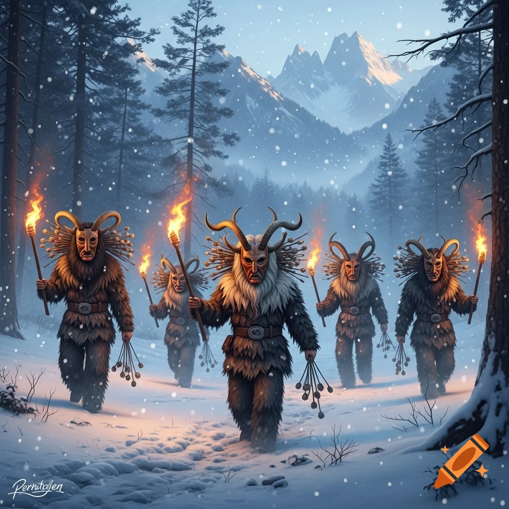 Five fur-clad, horned figures with masks, holding torches and switches, walk through a snowy winter forest with mountains.