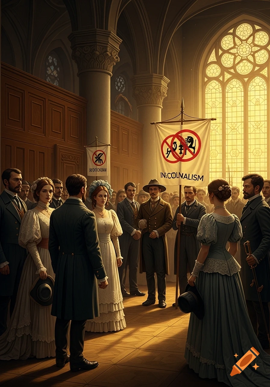 A formal gathering of people in a grand hall with stained glass windows, featuring banners with anti-colonial symbols and garbled text. The scene is lit by golden light, in an old painting style.