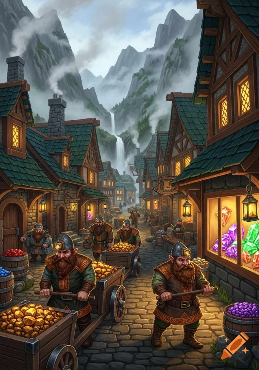 Dwarves push gold-filled carts through a detailed fantasy mining town nestled in a mountain valley with a waterfall.