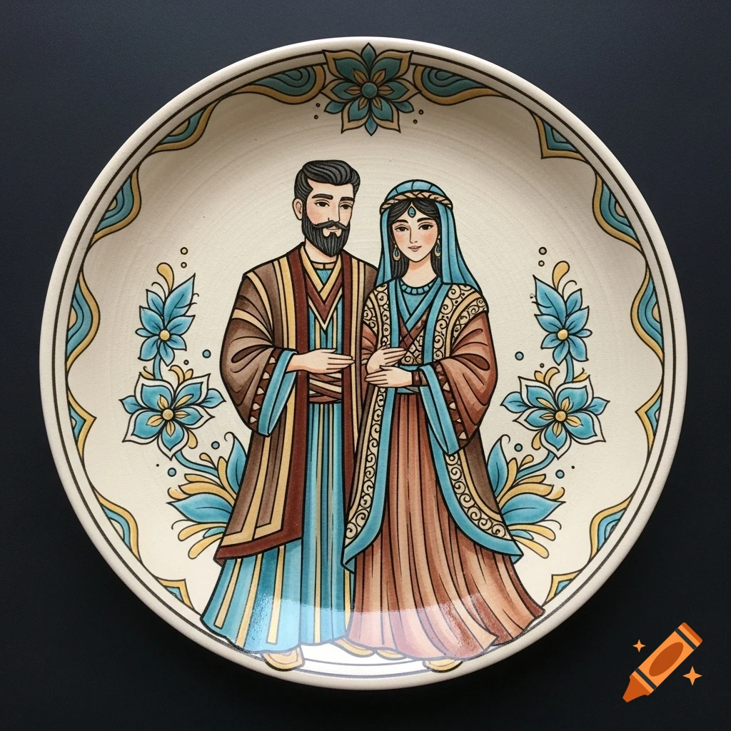 A stylized illustration of a man and woman in traditional clothing on a decorative ceramic plate with floral designs.
