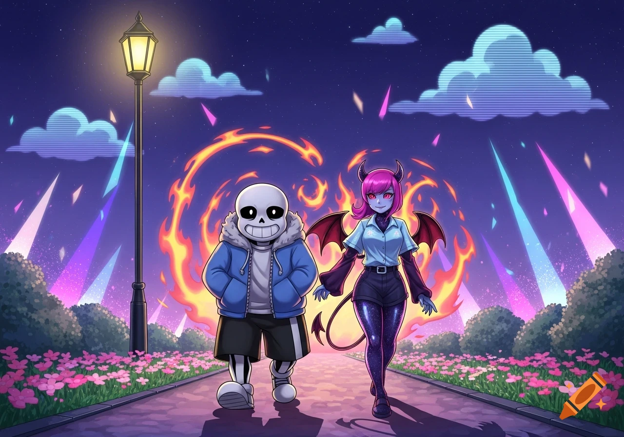 Cartoon Sans and a pink-haired demon girl walk on a path at night, surrounded by a fiery aura, glowing lights, and pink flowers.