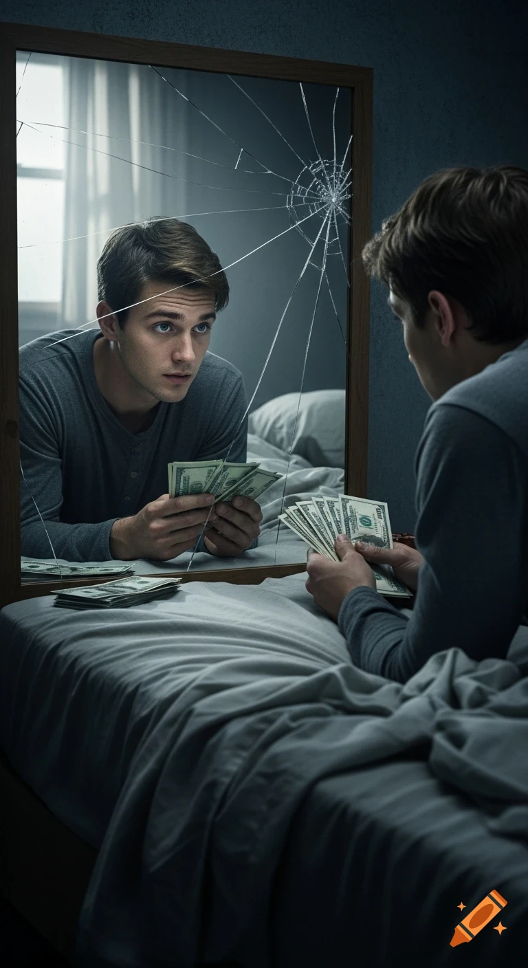 A young man sitting on a bed counts stacks of money, looking at his reflection in a cracked mirror with a tense expression in dim, cinematic light.