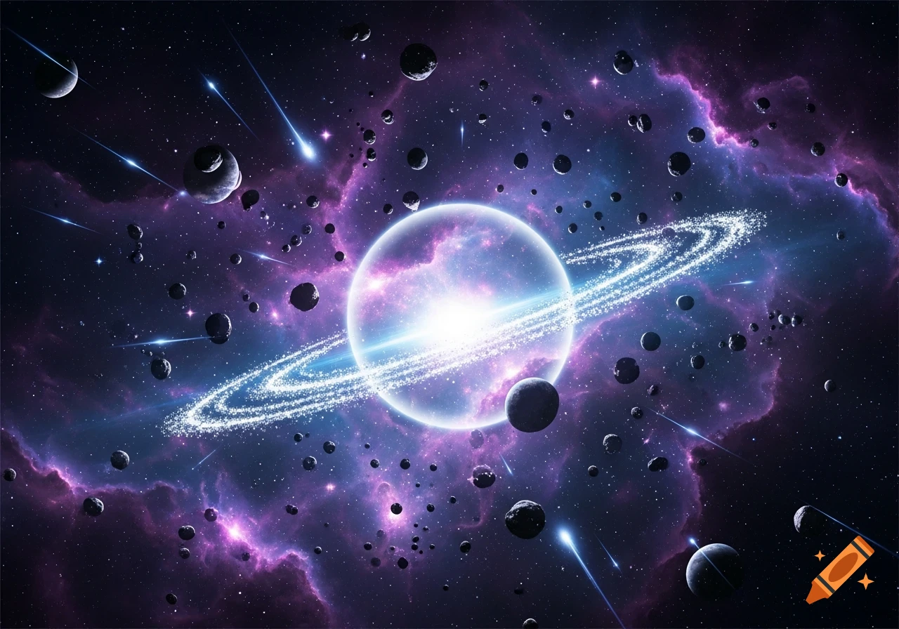 A vibrant cosmic scene featuring a glowing planet with shimmering rings, surrounded by numerous asteroids, stars, and swirling purple and blue nebulae.