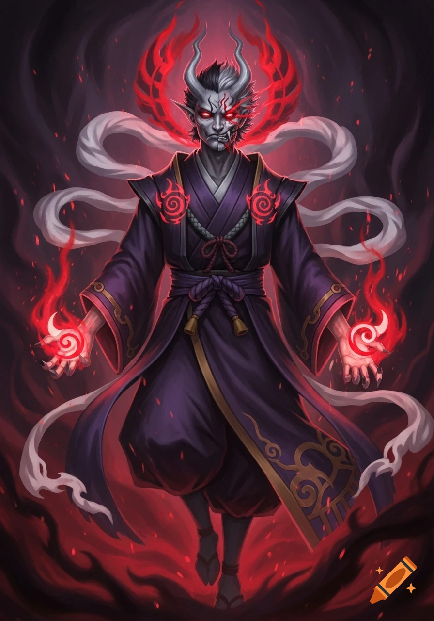 A full-body portrait of a demonic figure with white skin, red eyes, horns, and sharp teeth, wearing a dark purple kimono and conjuring red fire.