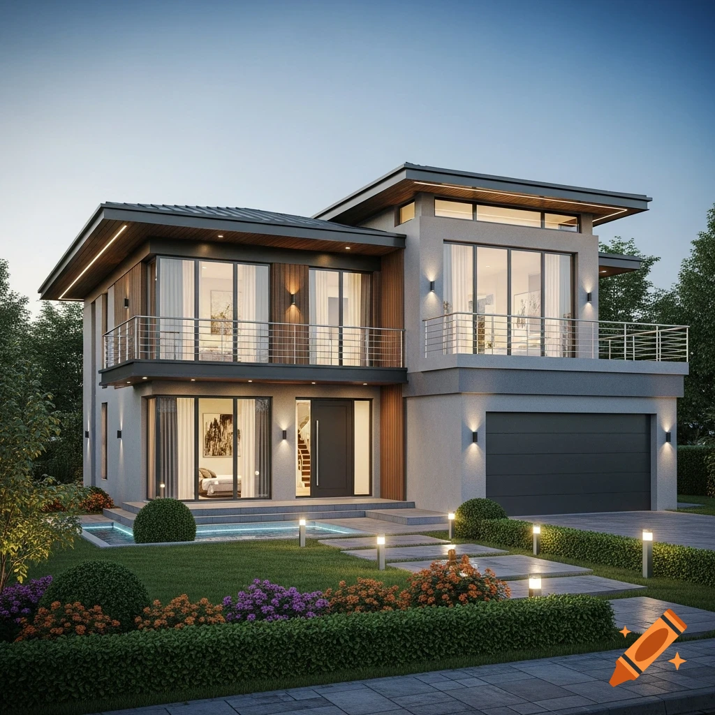 Photorealistic rendering of a modern two-story contemporary house with balconies, a garage, and a beautifully landscaped yard.