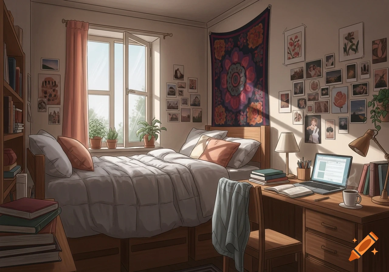 A detailed anime-style illustration of a cozy dorm room with a bed, desk, open window, and many wall photos.