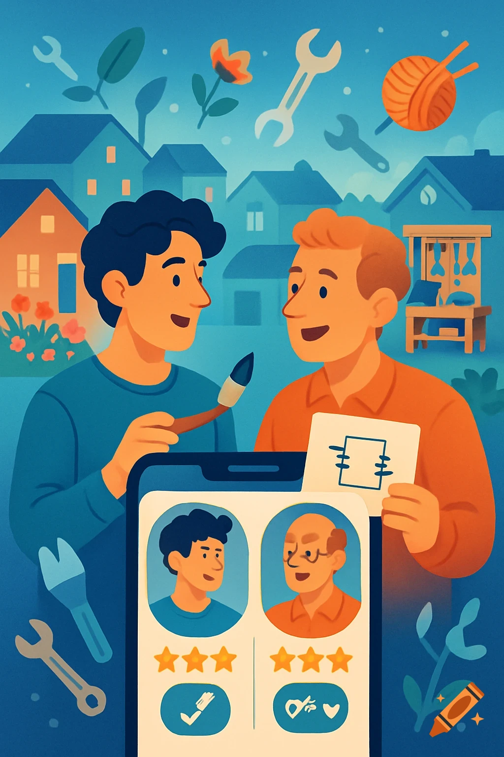 Two men smile behind a mobile app displaying user profiles, ratings, and skill icons. Houses, tools, and a yarn ball float in the background in a flat illustration style.