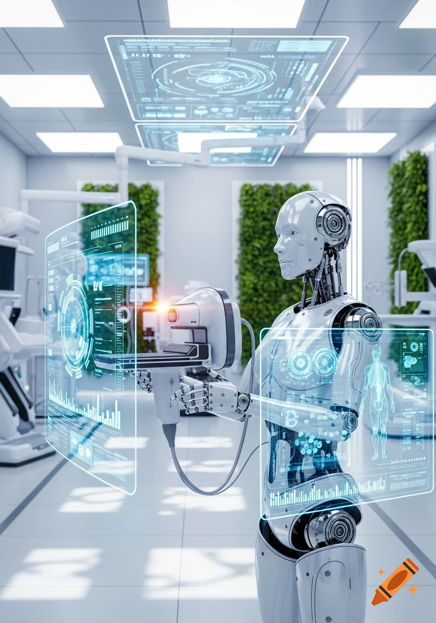 A white humanoid robot in a futuristic medical lab interacts with holographic screens displaying data and human anatomy.