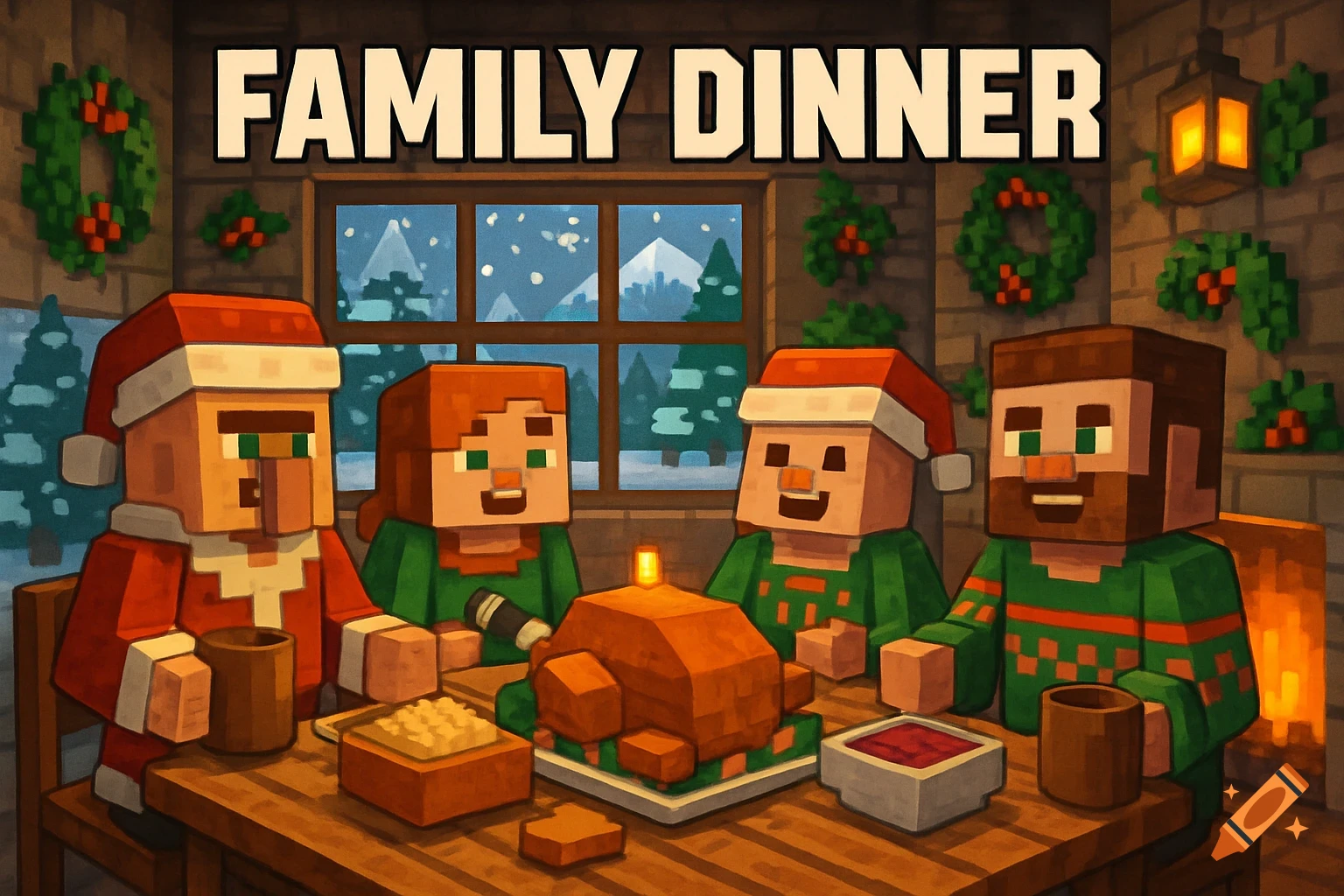 Minecraft-style family characters in Santa hats and sweaters gathered around a table for a Christmas dinner with a roasted turkey.