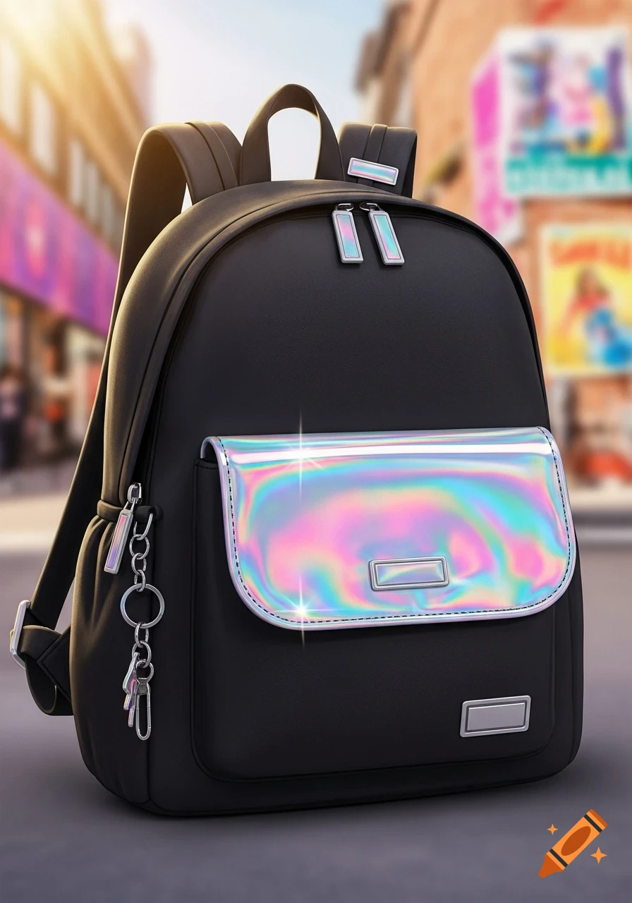 A sleek black backpack with a shimmering iridescent holographic front flap and metallic hardware, set against a blurred city street background.