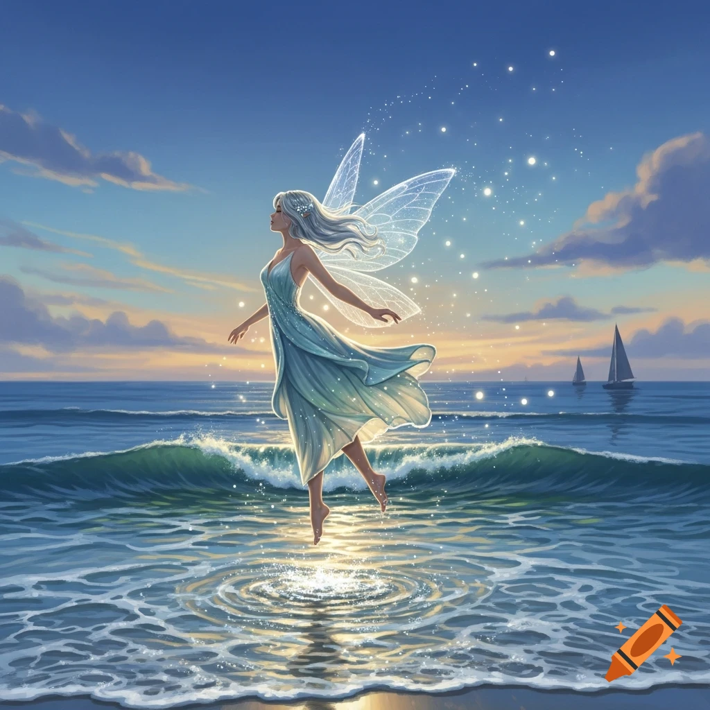 A graceful fairy with long white hair and luminous wings floats above sparkling ocean waves at sunset, with sailboats in the distance.