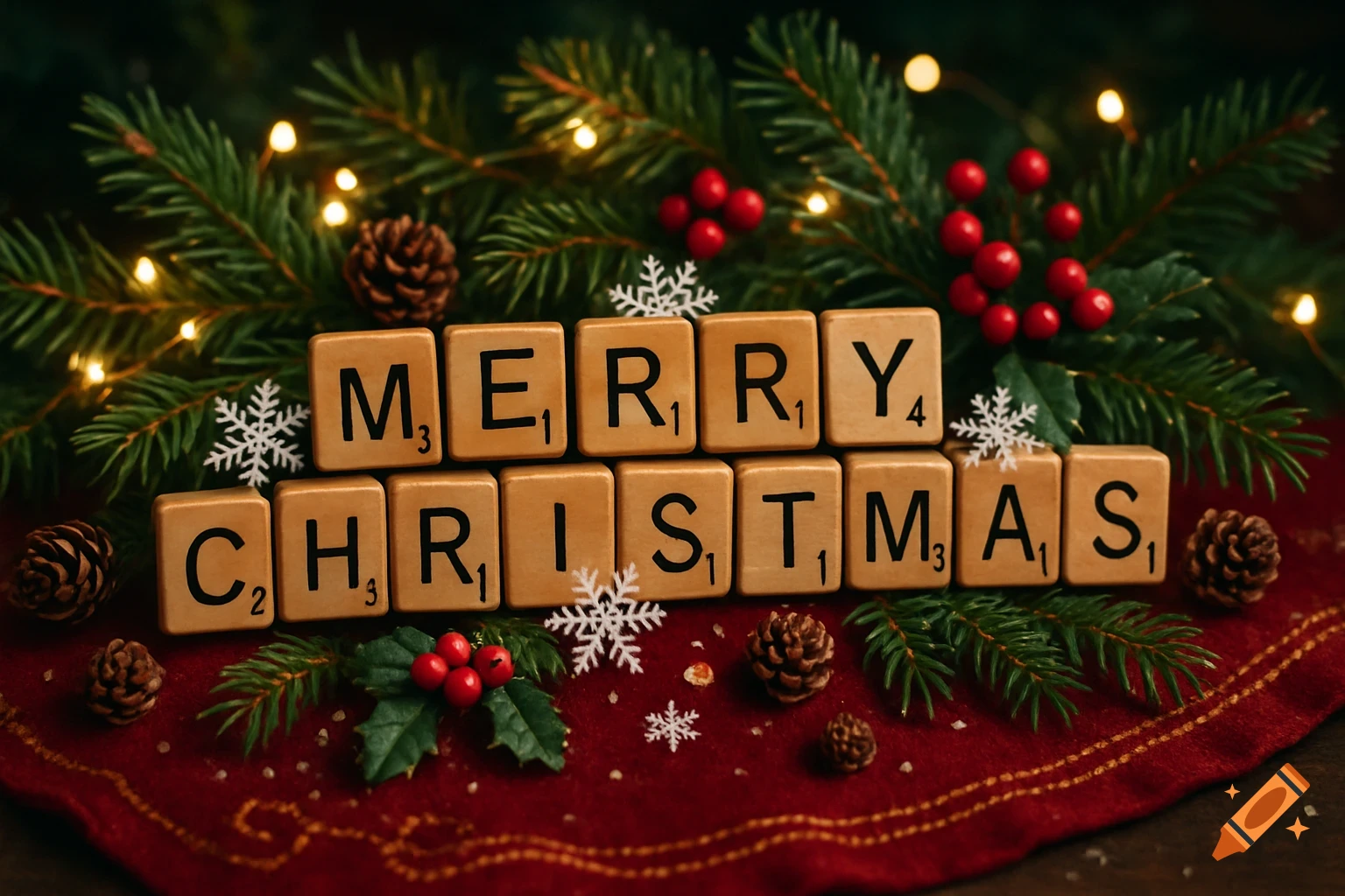 Scrabble tiles spell 'MERRY CHRISTMAS' surrounded by pine branches, red berries, snowflakes, and warm lights on a red cloth.