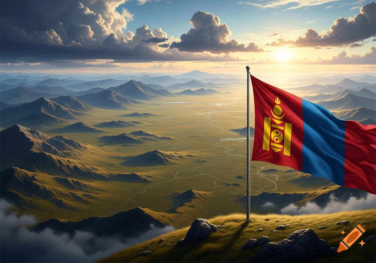 A photorealistic image of the Mongolian flag waving on a pole on a grassy mountain peak, overlooking a vast, misty mountain range and a winding river at sunset.