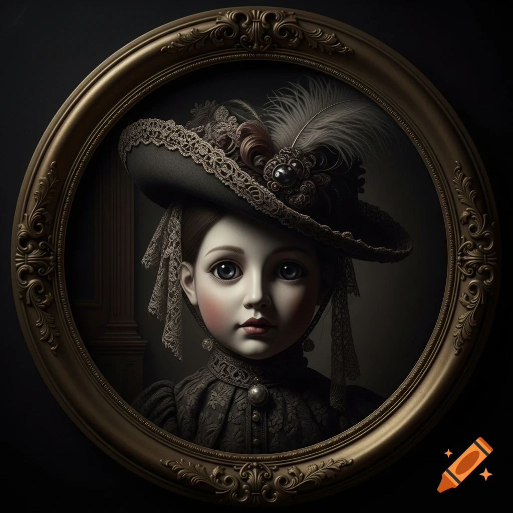 Stylized portrait of a doll-like figure with large eyes, wearing an ornate dark hat and dress, within a golden oval frame.