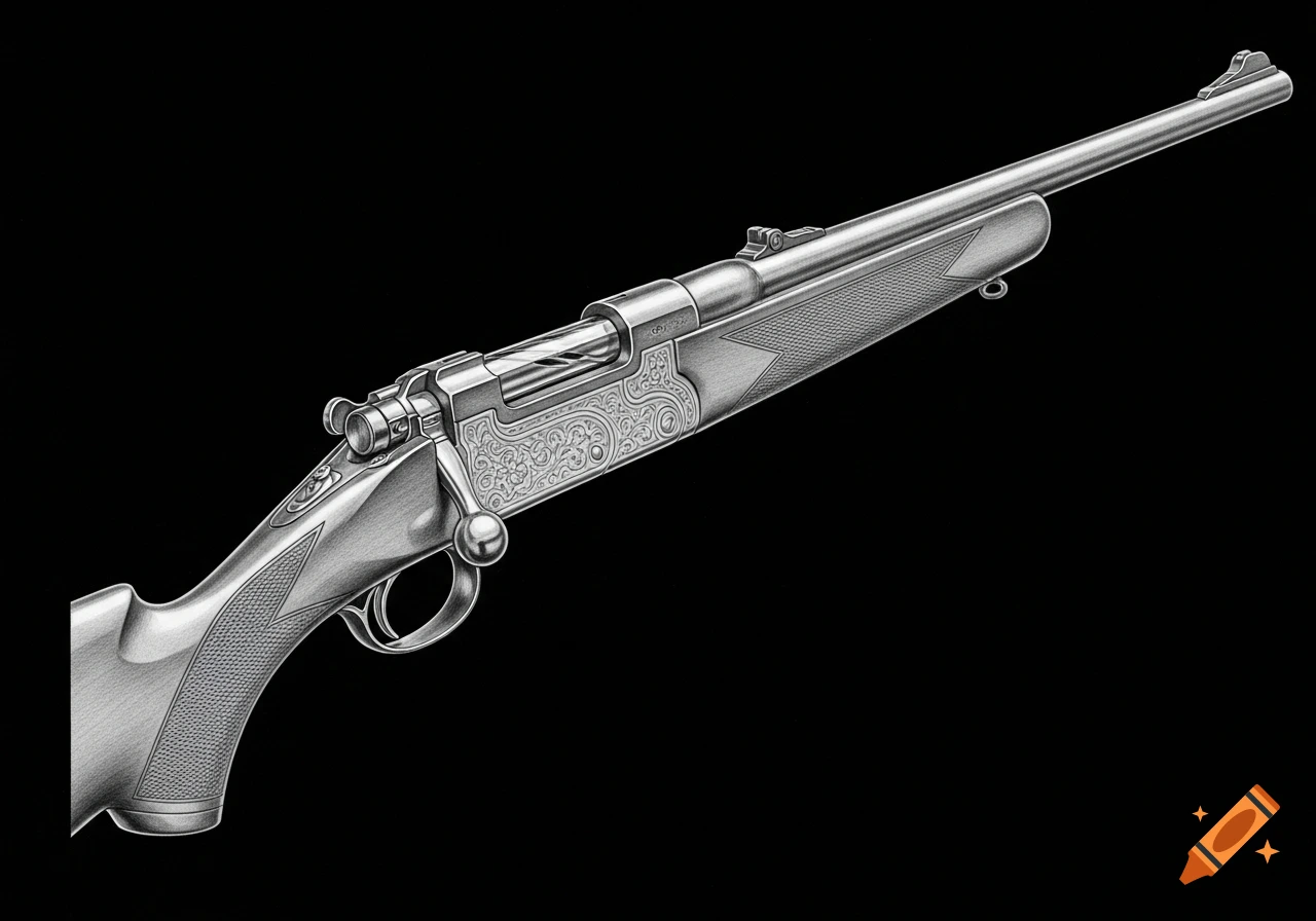 A detailed pencil drawing of an engraved gray hunting rifle with a bolt action, set against a solid black background.