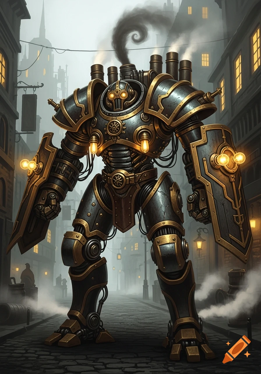 A large steampunk mech suit with shields on its arms stands in a foggy, dark city street.