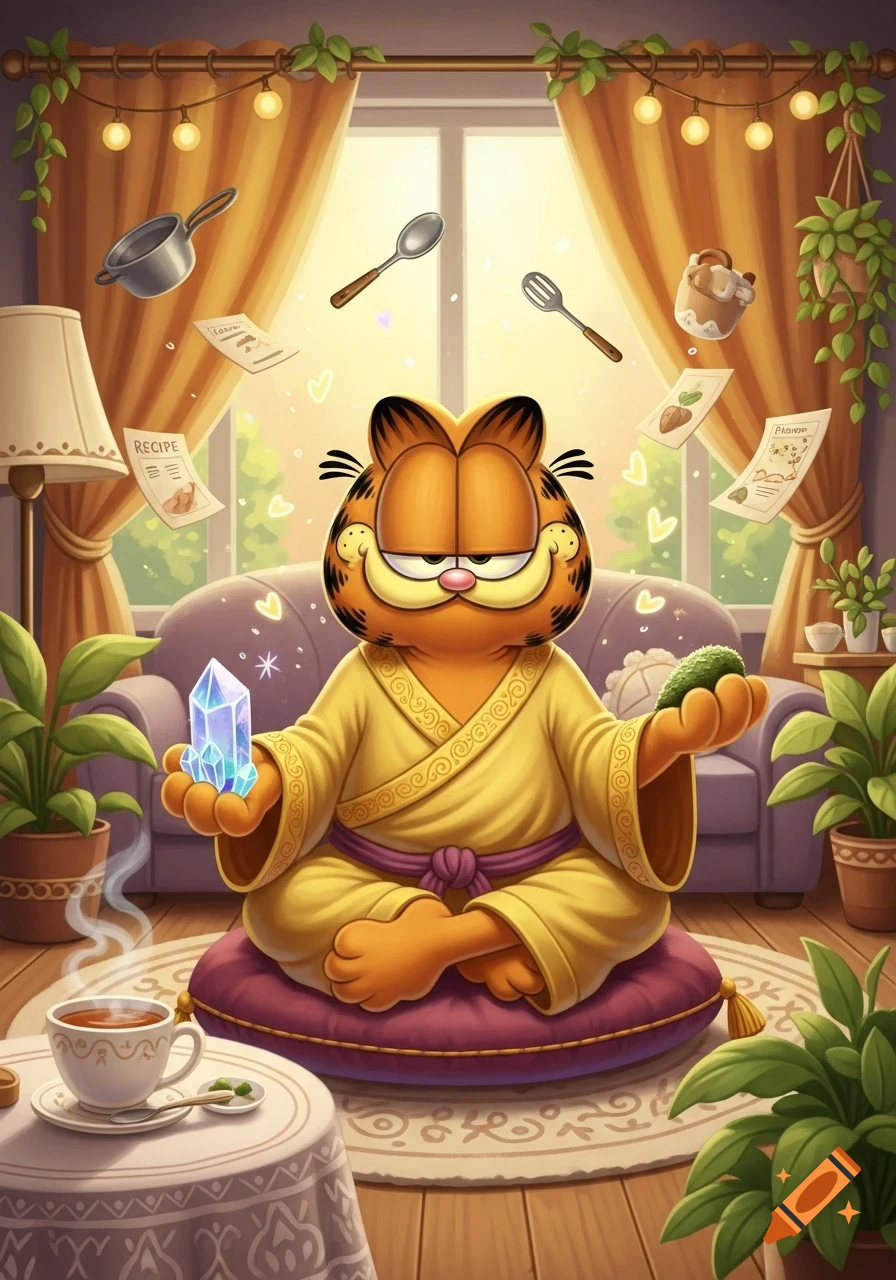 Cartoon illustration of Garfield as a guru, meditating in a cozy room with floating kitchen items, holding a crystal and an avocado.