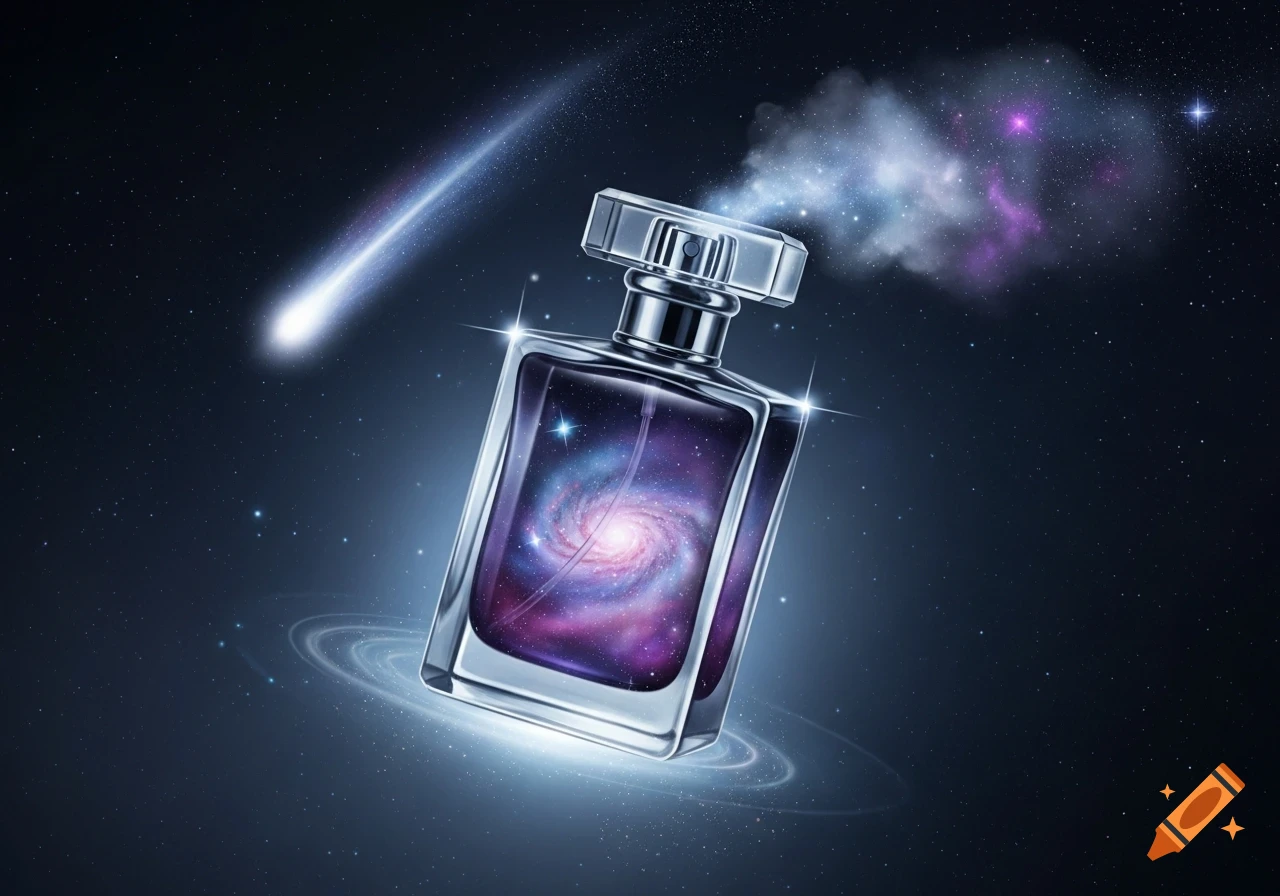 A sleek, rectangular perfume bottle with a swirling galaxy inside, floating in dark space with a bright comet and nebulae.