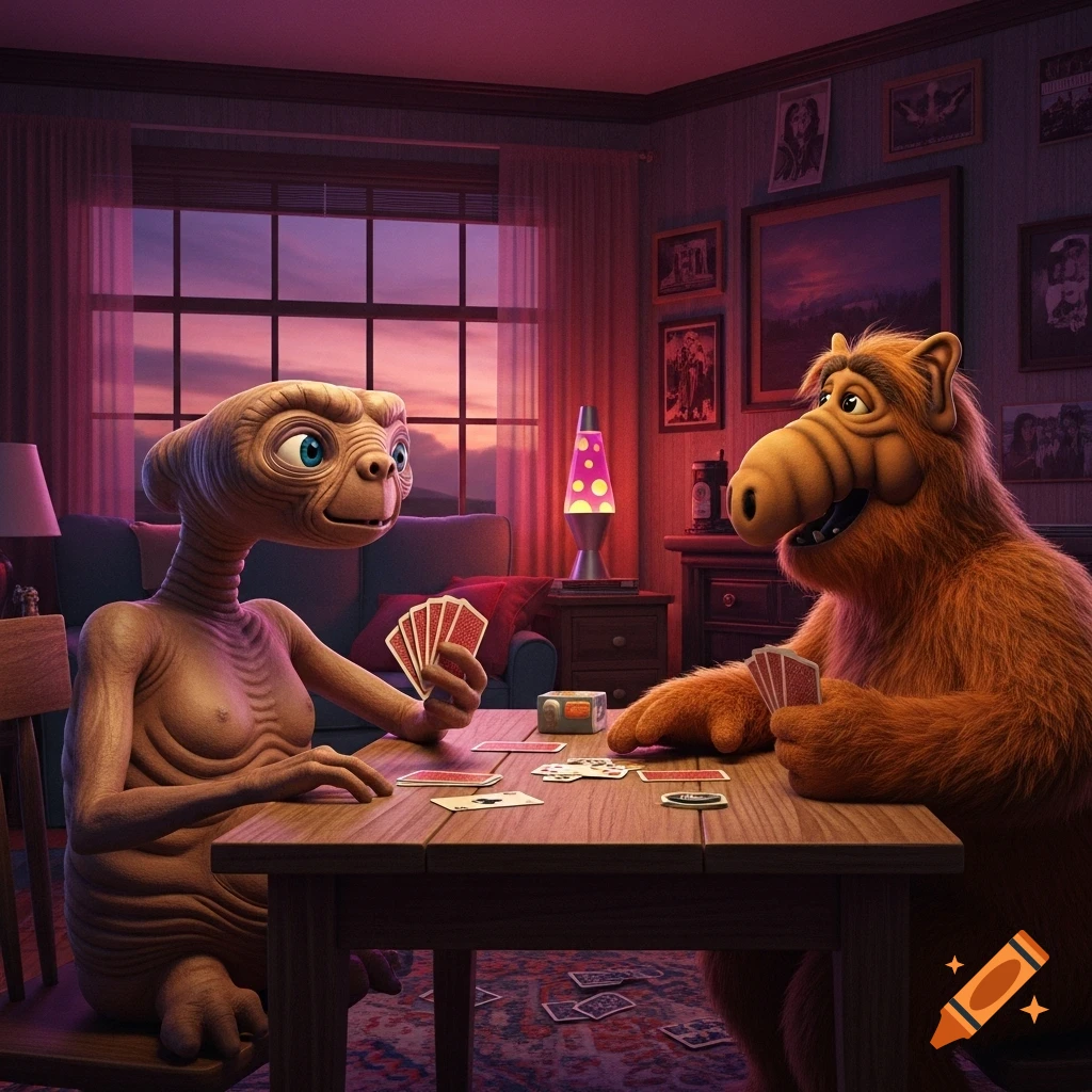E.T. and Alf sit at a wooden table playing cards in a cozy, dimly lit room with a sunset visible through the window.