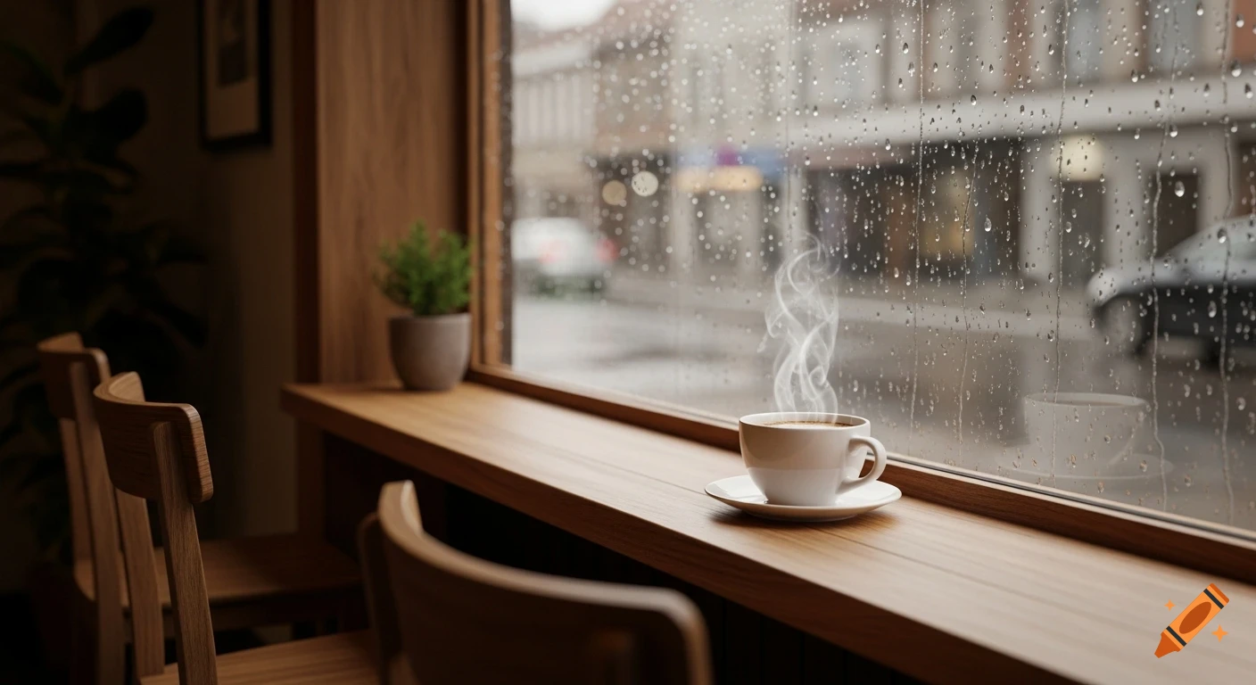 Photorealistic image of a cozy coffee shop interior with a steaming coffee cup on a wooden counter, overlooking a rainy street through a window.
