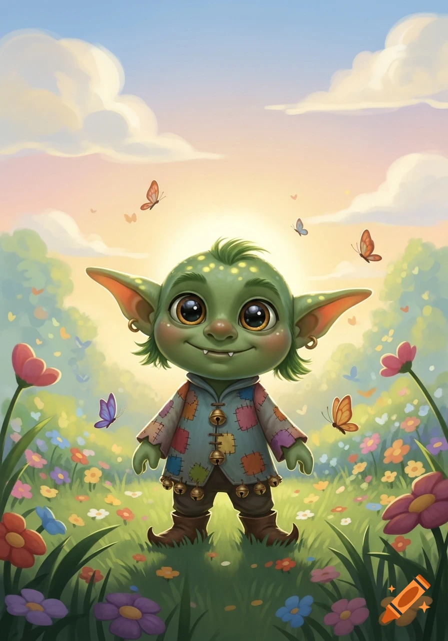 A cute, green, big-eyed cartoon goblin wearing a patchwork tunic stands in a sunny, flowery field with butterflies.