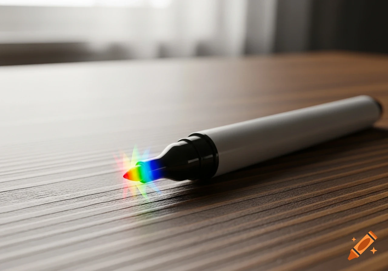 A photorealistic magic marker with a glowing, rainbow-colored tip rests on a wooden desk.