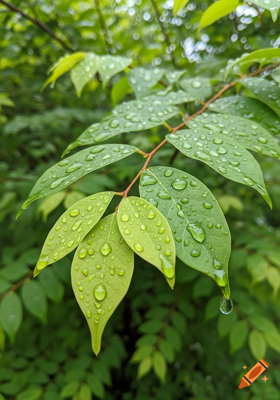 Close-up of vibrant green leaves covered in glistening raindrops, with a soft, blurred green background.