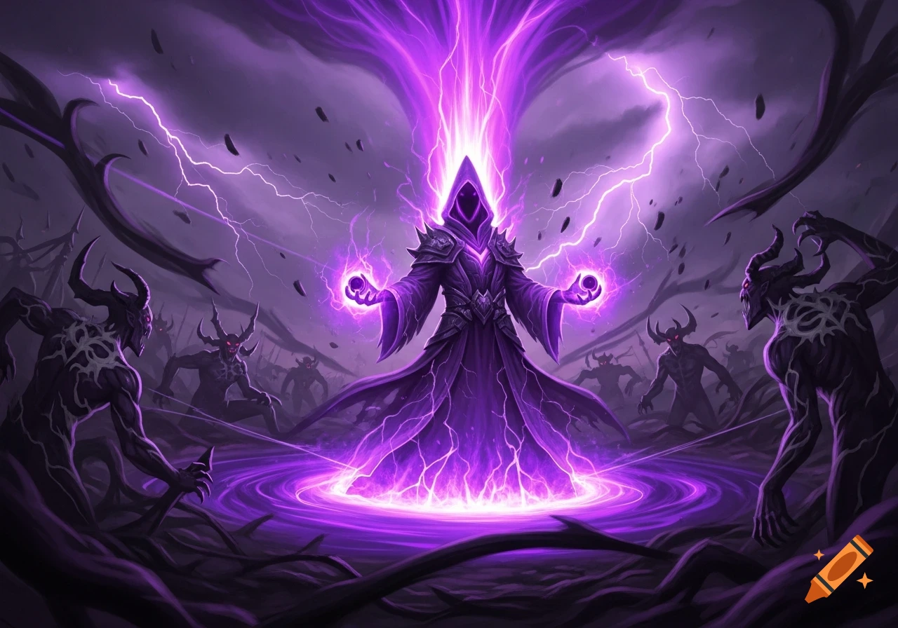 A hooded purple wizard stands amidst a horde of dark demons, summoning intense purple lightning and a swirling energy vortex.
