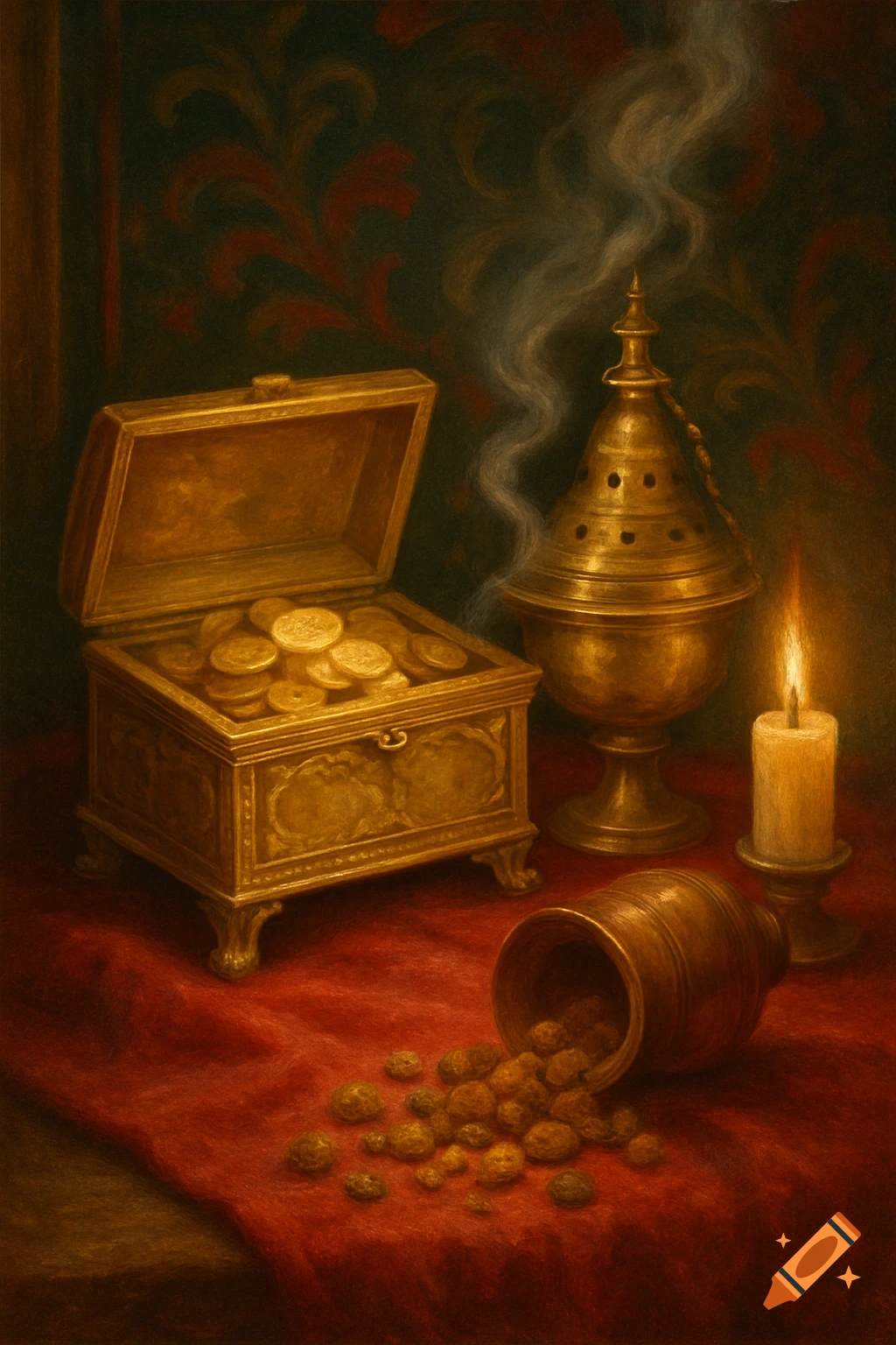 Classical painting of a gold chest of coins, smoking incense burner, candle, and myrrh spilling from a vessel on red cloth.