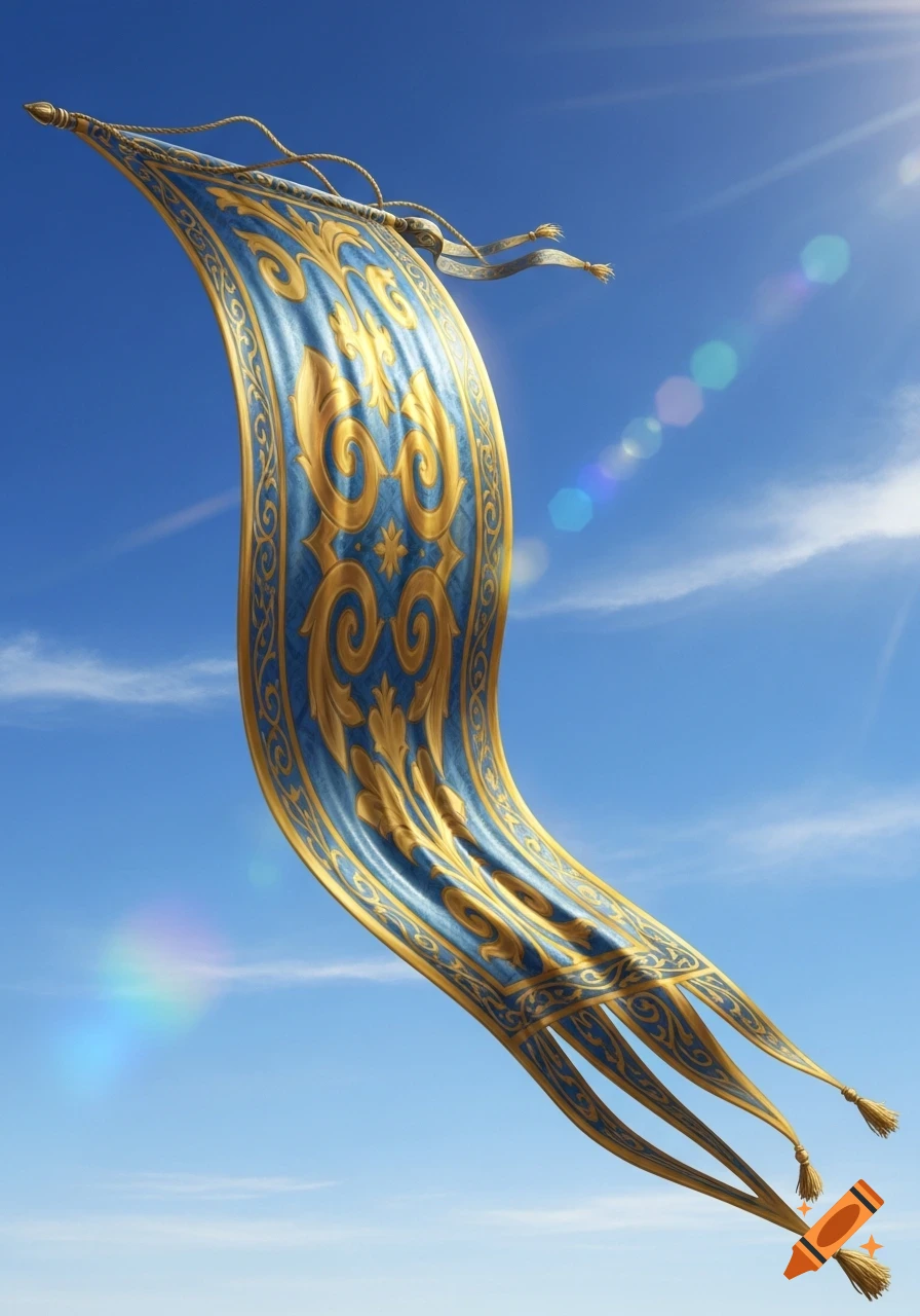 A detailed blue and gold banner with intricate patterns unfurls against a vibrant blue sky with soft clouds and sun flare.