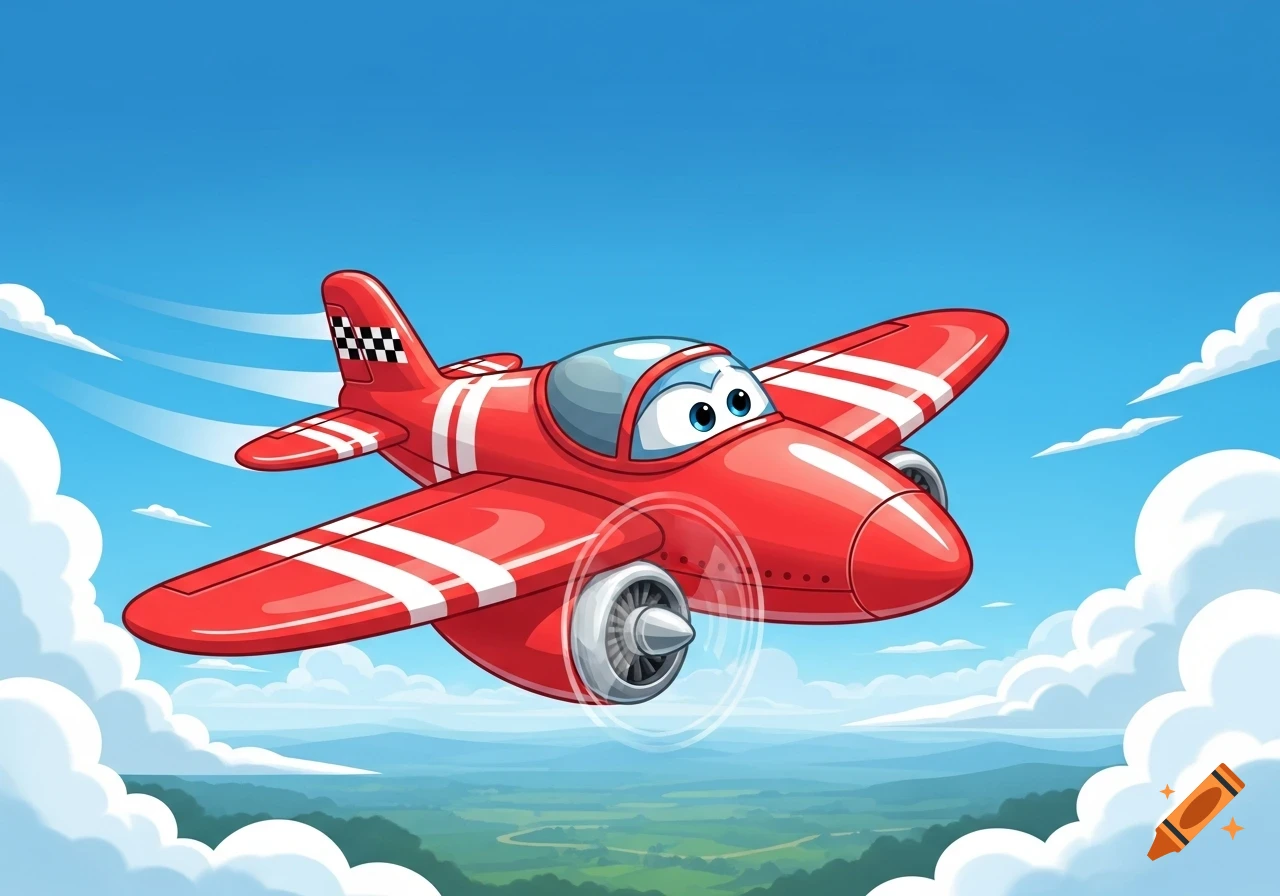 Red cartoon airplane with big blue eyes, white stripes, and a spinning propeller flying in a bright blue sky above a green landscape.