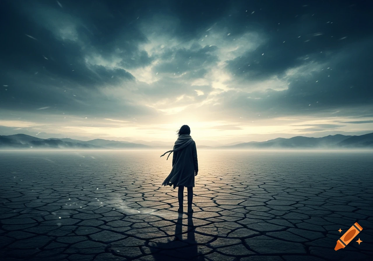 A lone figure in a coat stands on a cracked earth plain, facing a bright horizon with mountains under a dramatic, cloudy sky.