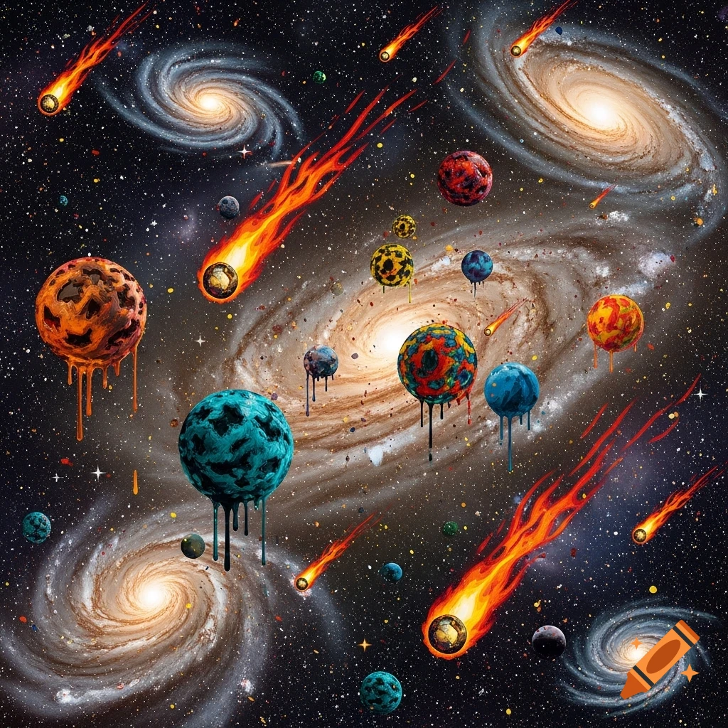 Vibrant abstract expressionist painting of a surreal outer space scene with swirling galaxies, textured dripping planets, and fiery comets.