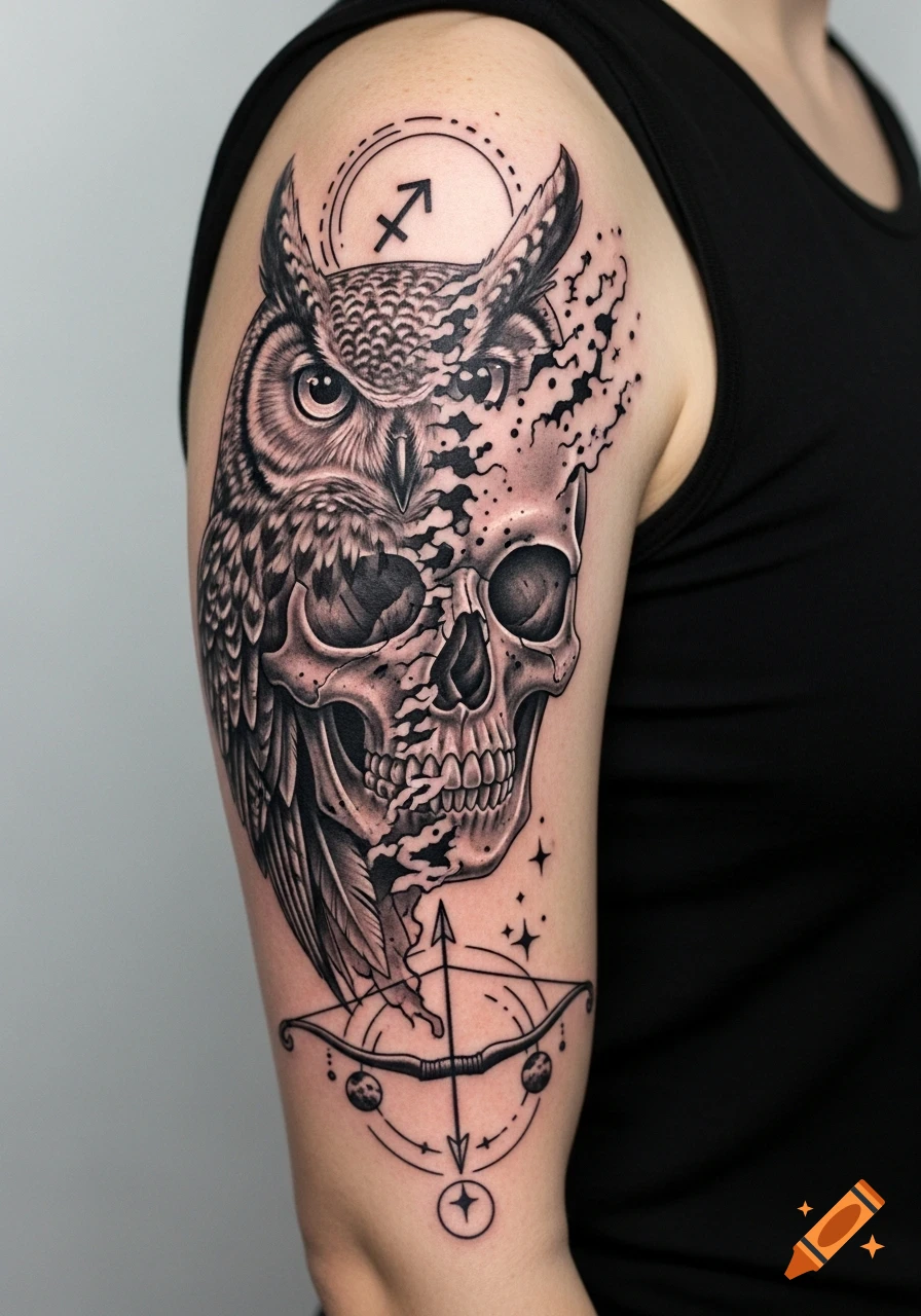 Black and grey tattoo of an owl transitioning into a skull, with Sagittarius zodiac symbols and a bow and arrow on an arm.