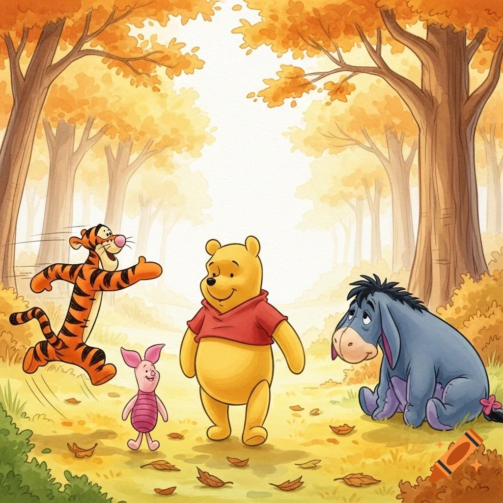 Winnie the Pooh, Tigger, Piglet, and Eeyore in a warm watercolor autumn forest with fallen leaves.