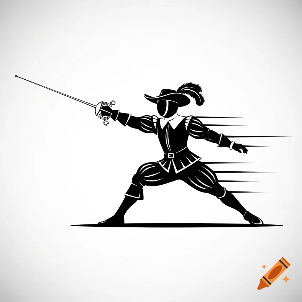 Black and white pictogram of a musketeer in a fencing lunge, holding a rapier, with speed lines.