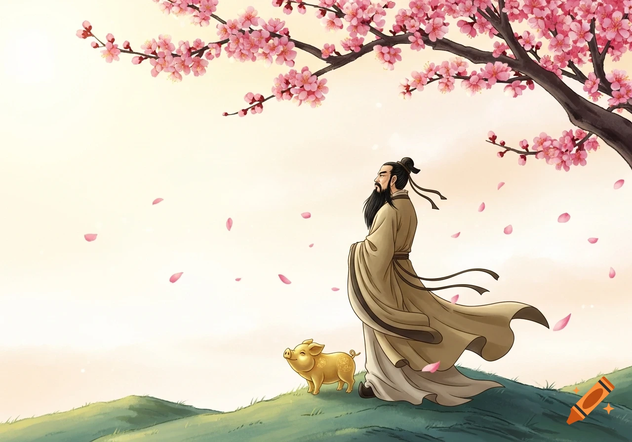 An ancient Chinese Taoist in robes with a golden pig on a hill, under a cherry blossom tree with falling pink petals, illustration.