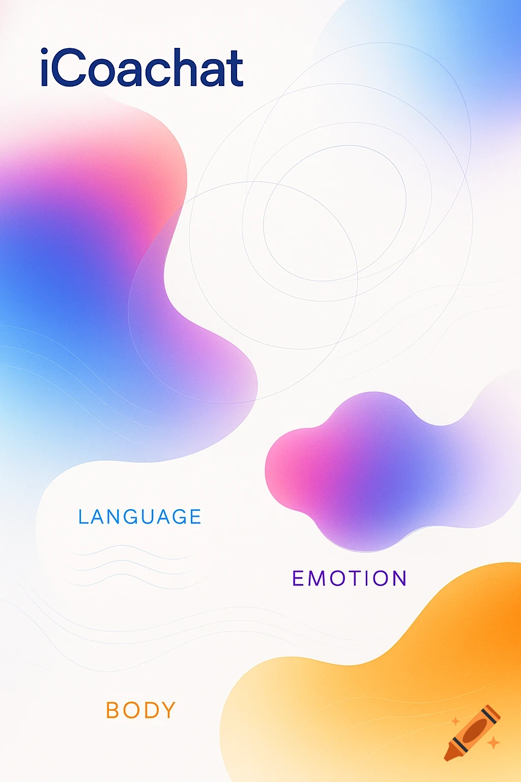 Abstract moodboard with colorful gradient organic shapes and text 'iCoachat', 'LANGUAGE', 'EMOTION', 'BODY' on a white background.